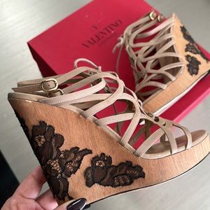 Valentino lace-appliquéd leather wood heel wedges, size 39.